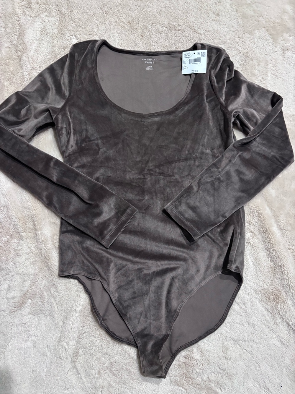 American Eagle Outfitters Womens Long Sleeve Scoop Neck Velvet Bodysuit - brown